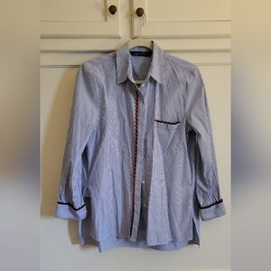 Zara Women's Blue Striped Button Down Shirt With Black And Red Accents